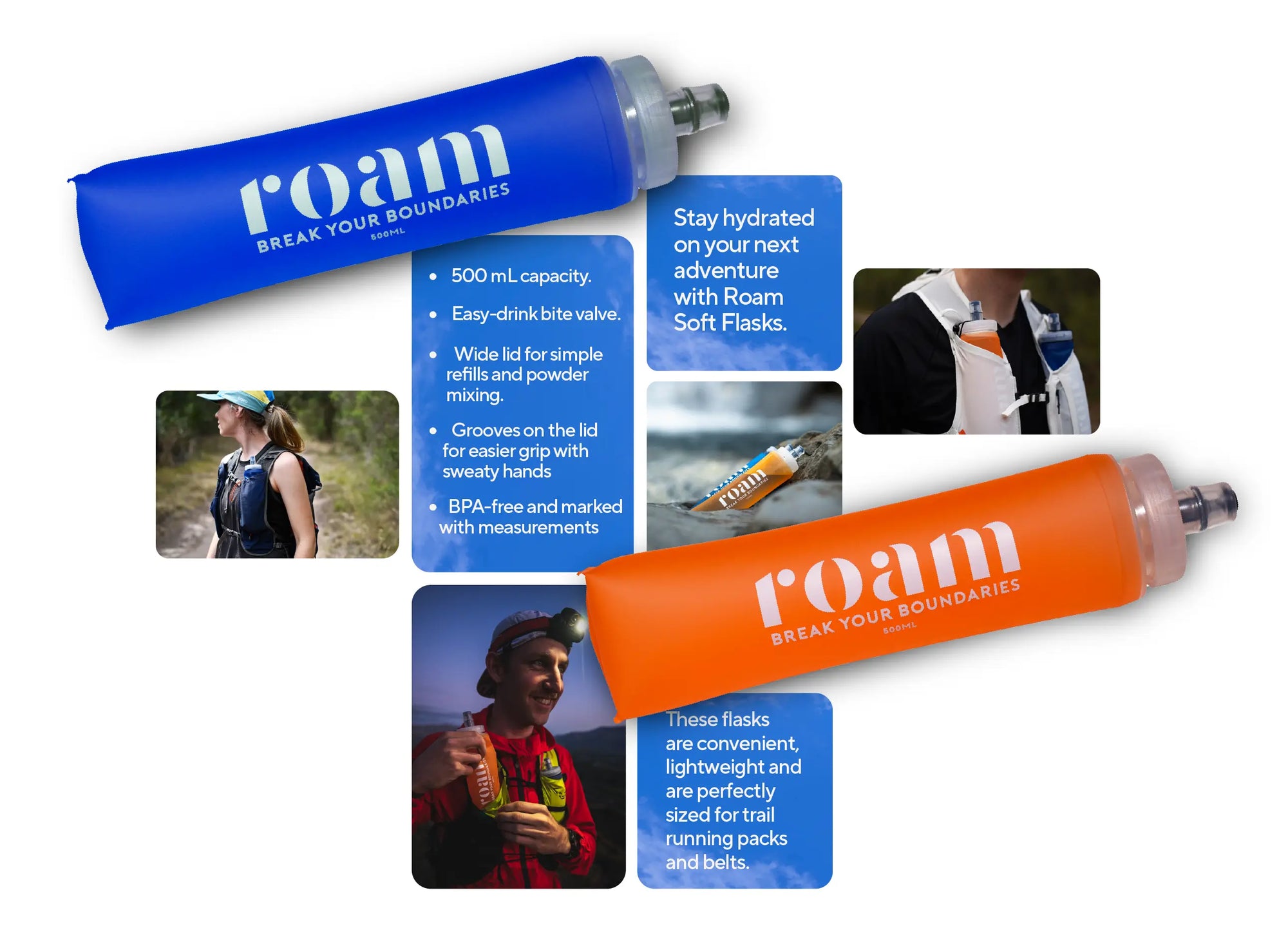 Roam Blue and Orange Soft Flask Bottles for Running and Adventures